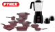 Pyrex - Set of Artisan Granite 23 pieces ( 20,24,26,30 ) - Burgundy + Blender Quick mix II - 400W + 